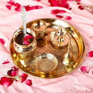 Diseño de clase superior Metal chapado en oro Pooja Thali con soporte Agarbatti y soporte Diya Diwali Pooja Wedding Mandap Welcome Thali - Product Image 5