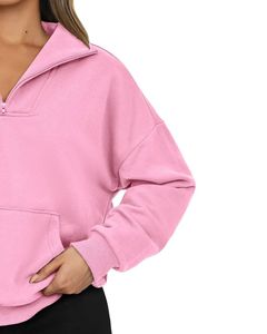 Sudadera con Capucha Rosa de Media Cremallera para Mujer, Sudadera Holgada de Felpa Suave con Cuello Alto, Ropa de Invierno Acogedora, Estilo Casual, Cómoda con Bolsillo - Product Image 3