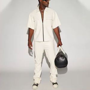 2024 primavera británico Slim Casual PU cuero hombres camisas de manga corta tejido bordado Patchwork Stand Collar transpirable - Product Image 4