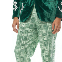 Costume de gangster vert en velours imprimé dollars pour homme, ensemble de costumes de luxe avec broderie signe dollar, comprenant veste et pantalon