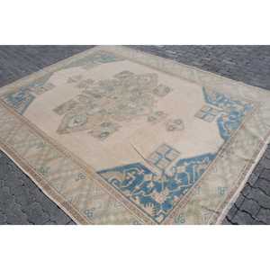 Alfombra Turca Vintage Ecológica de 7.7x9.7 pies, Alfombra de Lana Azul con Diseño de Patchwork y Base de Látex - Product Image 2