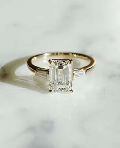 12X8mm <b>Emerald</b> Cut Moissanite Engagement <b>Ring</b> Three Stone Baguette Cut Accents 925 Sterling <b>Silver</b> Design OAB-276M - Product Image 1