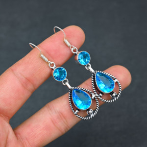 Piedra preciosa de Topacio Azul creada en laboratorio 10X14 MM Ajuste de bisel de pera Pendientes chapados en plata esterlina 1,90 pulgadas joyería fina regalo fiesta - Product Image 3