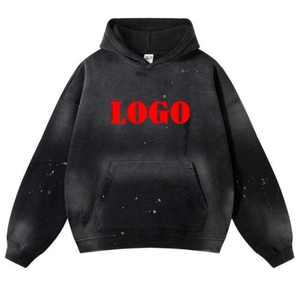 Sweat à capuche unisexe d'hiver en polaire de haute qualité, avec logo personnalisé sur le devant, style vintage, délavé à l'acide, poche, écologique - Product Image 1