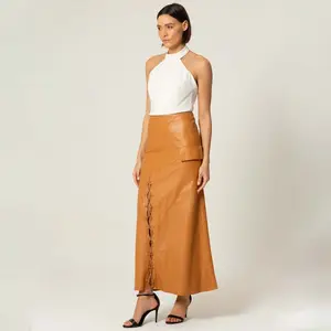 Women's Midi-length Skirt With Slit And Lace Detail In Genuine Leather With Pockets 7 C