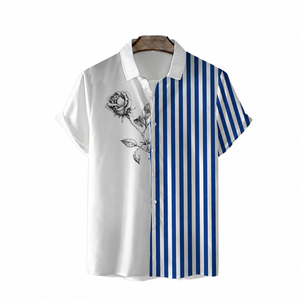 热销男士休闲夏威夷衬衫透气夏季条纹印花短袖翻领宽松衬衫 - Product Image 2
