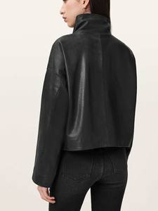 Veste universitaire en peau de mouton véritable pour femmes, col montant, noire, surdimensionnée, épaules tombantes, vêtements d'extérieur d'hiver, cadeau, doublure en coton brut - Product Image 3