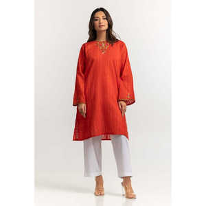 Camisa de mujer con cuello asimétrico, manga kimono, estampado floral a cuadros, bordada, teñida con efecto dobby, talla XL, de gasa, lino y punto, color naranja. - Product Image 5