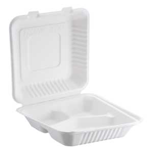 ProTakeOut [8 X 8/9 X 9] Contenants à charnières en bagasse à 3 compartiments, lot de 200 (100/2), sans PFAS, blancs, compostables, compatibles micro-ondes - Product Image 1
