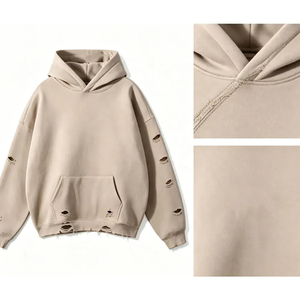 <b>Men</b> distressed <b>hoodie</b> ripped oversized pullover <b>pink</b> fleece cotton hooded distressed <b>hoodie</b> plain Distress <b>Hoodie</b> custom logo - Product Image 5