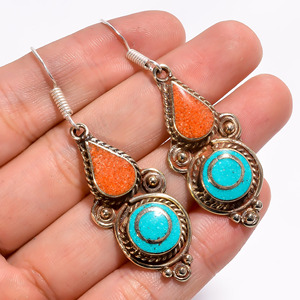 Boucles d'oreilles en pierre Turquoise et corail, bijoux personnalisés en argent tibétain faits à la main, vente en gros - Product Image 2