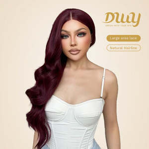 Asmaa-DWY 13x6 Burgundy Curly Free Part Synthetic <b>Wig</b> with Transparent Lace Front - Product Image 2