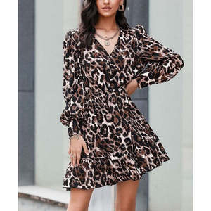 Women's Long-Sleeved, <b>Elasticated</b> Waist, Ruffled Hem, Leopard Print Crepe <b>Dress</b>, 27734 - Product Image 2