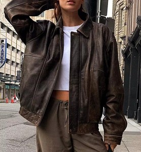 Blouson d'aviateur d'hiver décontracté en cuir véritable surdimensionné pour femmes coupe-vent écologique MS-LJ-0068 courtes - Product Image 1