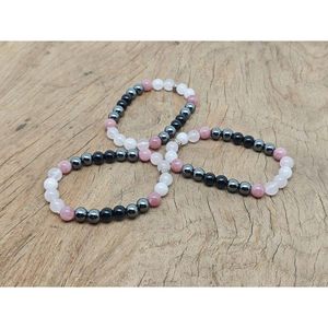 <b>Men's</b> Smooth Cut 8mm Round Shape <b>Bracelet</b> Natural Hematite Obsidian Strawberry Quartz & Rose Quartz Crystal <b>Beads</b> Stretchable - Product Image 4