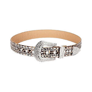 Correa con estampado de leopardo de cuero sintético beige de vaquero occidental con cinturón de diamantes de imitación con tachuelas de cristal ajustable con múltiples agujeros - Product Image 1