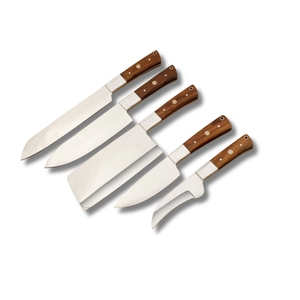 Juego de cuchillos de chef hechos a mano Hoja de acero D2 con mango de madera de rosa Cubiertos de cocina de 5 piezas en bolsa de cuero. - Product Image 1