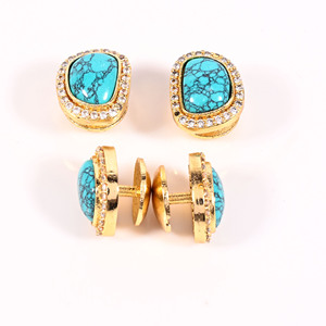 Boutons de Kurta Turquoise 4 Pièces en Laiton Plaqué Or avec Bordure en CZ Accessoires de Luxe pour Sherwani Vêtements de Mariage pour Hommes - Product Image 3
