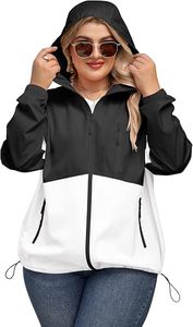 Hooded Color Blocking Windbreaker <b>Jacket</b> <b>Waterproof</b> Zipper Closure Casual Style Unisex Spring Outerwear Black <b>White</b> - Product Image 4