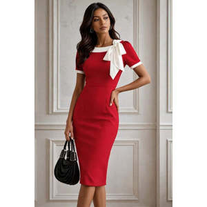 Women's <b>Short</b>-Sleeved Imported Crepe <b>Dress</b> with Decorative Lace-Up Neckline, 35764 - <b>Red</b> - Product Image 2