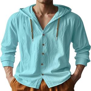 Chemise à manches longues à capuche boutonnée/à cordon de serrage, couleur personnalisée, coupe classique pour homme - Product Image 5