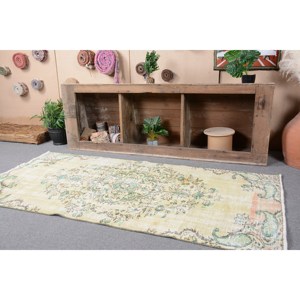 Vintage Turkish Rug Large Area 3.2 X 6.7ft <b>Yellow</b> Green <b>Wool</b> Abstract Patchwork Design for Hallway Rectangular Latex Room Rug - Product Image 1