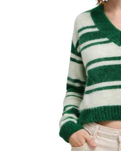 Custom Green <b>White</b> Striped <b>Women</b> V Neck Knit Sweater Soft Fuzzy Fabric Long Sleeve Cropped Winter Casual Fashion Pullover - Product Image 2
