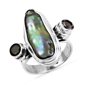 "Platinum Rhodium-Plated <b>Emerald</b>-Cut Natural Stone 925 <b>Silver</b> Pearl & Amethyst <b>Ring</b> for Women's Statement Jewelry" - Product Image 2