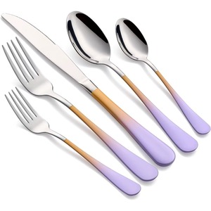 Cubiertos de acero inoxidable Ideal para cocina, mesa, café, uso doméstico, cubiertos terminados chapados en Color plateado, juego de 5 con mango de 2 colores - Product Image 1