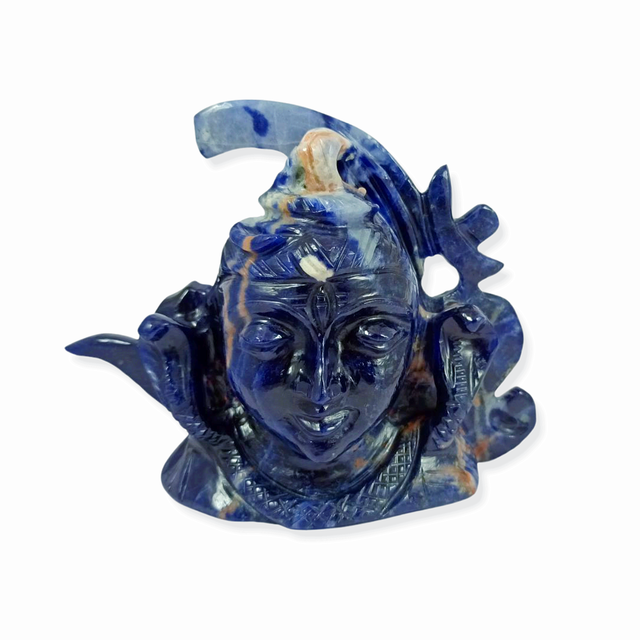 Natural HandCarved Through-Carved Sodalite Shiva Head Gemstone Sculpture Shiv Art Deco Figurine Idol Spiritual Art Rajasthan