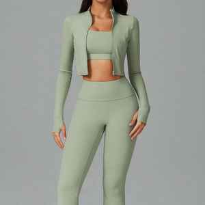 Hot Women's Lightweight 4-Piece Breathable Activewear Set Custom Logo Zipper Jacket Crop <b>Top</b> Yoga <b>Leggings</b> Solid Gym Sportswear - Product Image 2