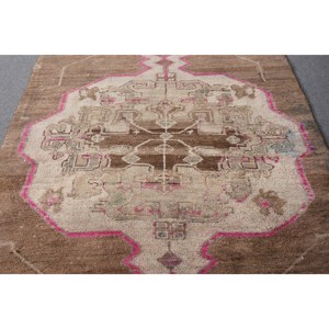 Alfombra de lana Vintage marrón y Beige, 4x10 pies, clásica, turca, hecha a mano, diseño de retazos, respaldo de látex, pasillo Rectangular para cabecera - Product Image 3