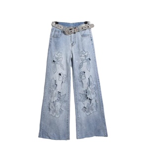 กางเกงยีนส์เอวสูงทรงขากว้างสำหรับผู้หญิง ปักลายดอกไม้ ผ้าเดนิมระบายอากาศ ย้อมเส้นด้าย - Product Image 2