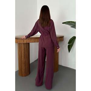Plum Button Detailed Shirt and Ribbed <b>Trousers</b> Set - Plum - Product Image 5