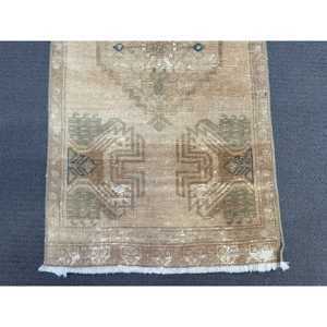 Turkish Rug, Small 1.6x3.2 ft Vintage Rug, <b>Brown</b> Blue Bordered <b>Wool</b> Rug - Product Image 4