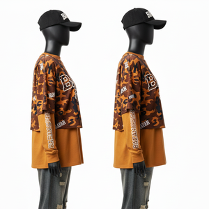 Chemise en coton double couche pour femmes, extérieur et intérieur, camouflage marron, panneaux de couleur contrastée, logo imprimé sur écran personnalisé, chemises en coton double couche - Product Image 3