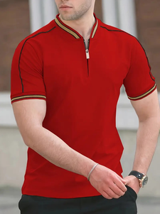 Polo homme beige avec bandes latérales noires, confortable, respirant, en polyester, avec fermeture éclair, parfait pour les activités sportives et de plein air - Product Image 2