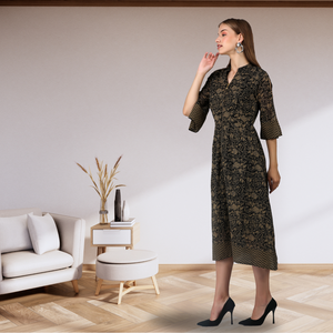 Vestido Midi con cremallera frontal con estampado Floral de diseñadores elegantes hechos a mano para mujer, mangas 3/4, negro, Beige, cómodo, transpirable, informal, para fiesta - Product Image 3