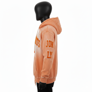 Premium 350GSM cotton fleece pullover <b>hoodie</b> distressed wash <b>orange</b> color with chenille patch custom logo Basics <b>Hoodie</b> - Product Image 3