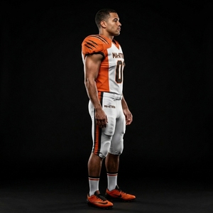 Maillot de football américain personnalisé blanc et orange, pantalon rembourré, uniforme d'équipe numéro 01, vêtements de sport respirants en polyester, OEM - Product Image 2