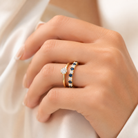 Bague d'éternité en saphir bleu et diamant de laboratoire, or jaune 10K, pierre ronde, alliance empilable, bijoux d'anniversaire