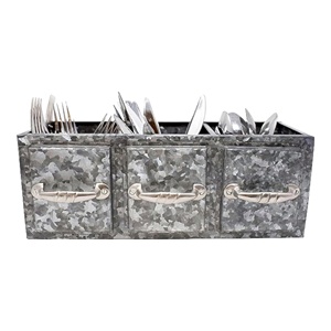 3 Compartments Rustic Galvanized Rectangular Cutlery Holder with Handles - Product Image 4