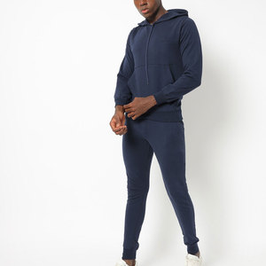 Men's Navy Blue Tracksuit <b>Set</b> Full Length Solid Design Windproof Breathable Cotton Fleece Casual Jogging Winter Regular Fit Side - Product Image 1