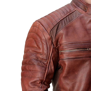 Chaqueta de Cuero para Hombre al por Mayor, Estilo Motociclista Casual Vintage, Cuero Genuino, Cuello Alto, Cremallera, Ropa de Abrigo de Invierno - Product Image 6