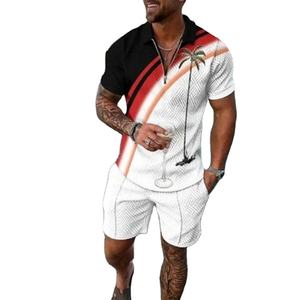 Conjunto de ropa de calle de verano para hombre, camisa polo y pantalones cortos de manga corta con cremallera impresa en 3D, talla grande, transpirable para uso informal - Product Image 2