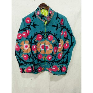 Blouson bomber réversible brodé de fleurs, automne-printemps, satin, lin, cuir - Product Image 1