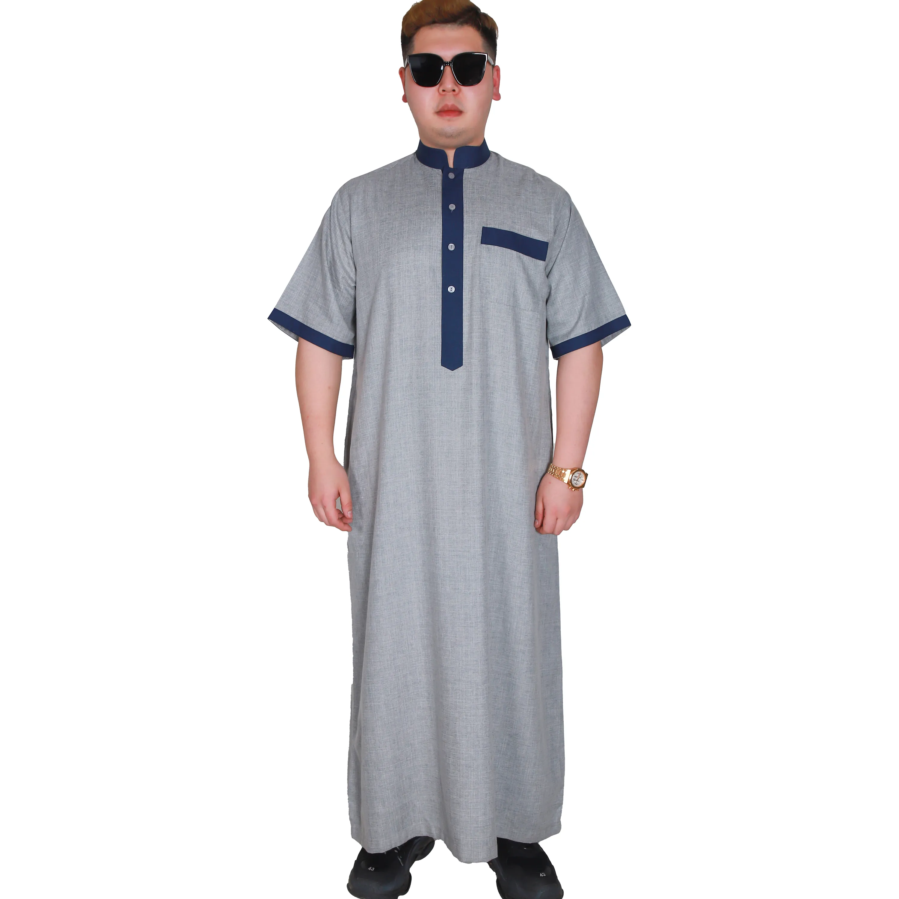 Grosir jubah thobe arab pria Muslim baru dengan saku samping jubba longgar untuk pakaian pria Islami saku dada kustom
