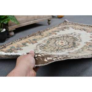 Tapis en laine turque vintage de 3.7x6,7 pieds, tissage plat design patchwork beige et marron avec support en latex pour décorations de salon - Product Image 4