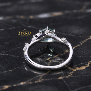 Anillo de Compromiso Hexagonal de Ágata Musgosa Natural, Juego de Anillos de Boda de Oro Sólido de 10K con Diseño de Hoja Inspirado en la Naturaleza para Mujer - Product Image 3
