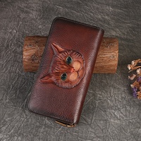 Dompet Kartu Panjang Premium Berbahan Kulit Asli dengan Ritsleting RFID dan Motif Kucing, Fashion Unisex